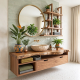 Floating Solid Wood Bathroom Vanity with Drawers & Open Shelves | Wall Mounted Bathroom Vanity with Live Edge Countertop TT006-8CNN1NN