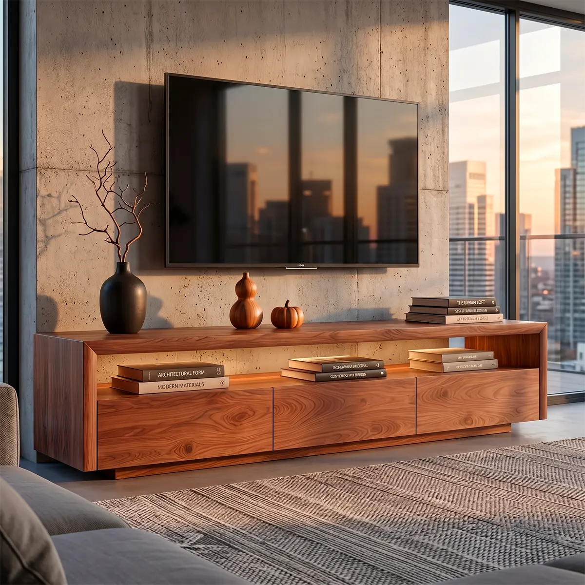Modern TV Stand with 3 Enclosed Storage Compartments & Long Open Media Shelf