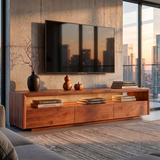 Modern TV Stand with 3 Enclosed Storage Compartments & Long Open Media Shelf