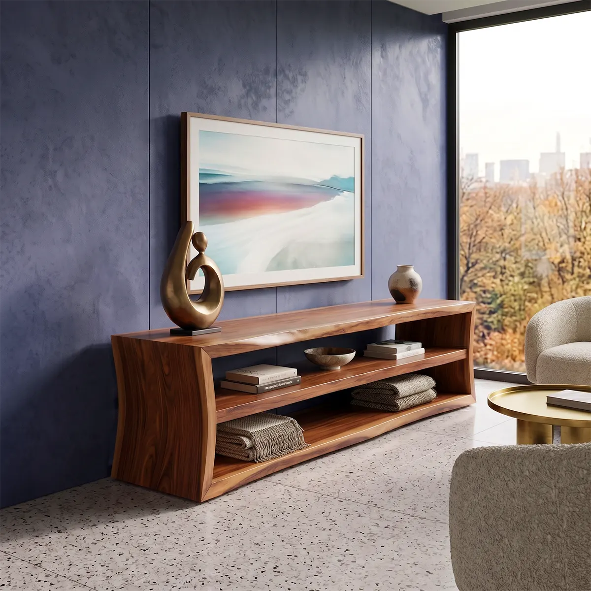 Modern Open Shelf TV Stand – Low Profile Media Console with 2-Tier Storage