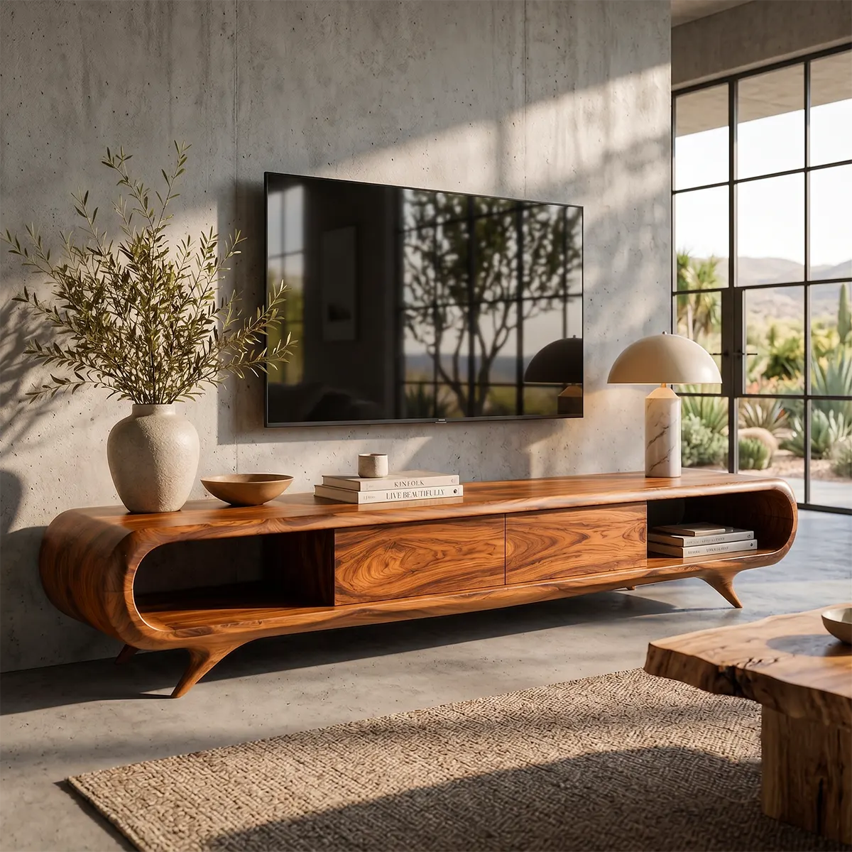 Sculptural Curved TV Stand with Open Shelves & Concealed Storage | Modern Low Profile Media Console
