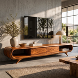 Sculptural Curved TV Stand with Open Shelves & Concealed Storage | Modern Low Profile Media Console