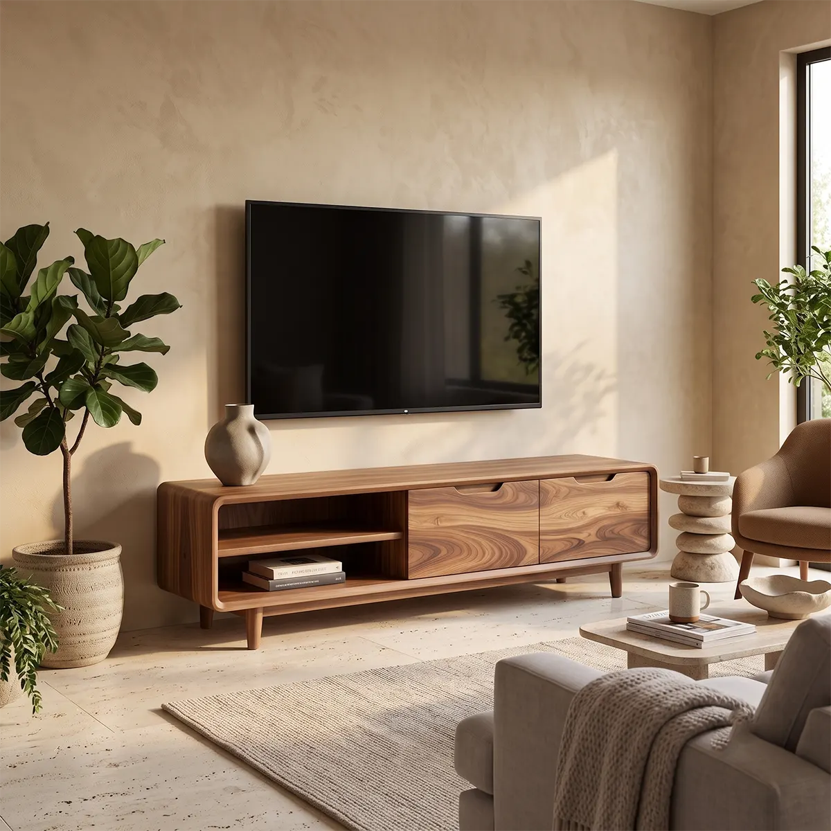 Organic Modern TV Stand with Open Shelving & Hidden Storage Cabinets TT006-4EGA5YH