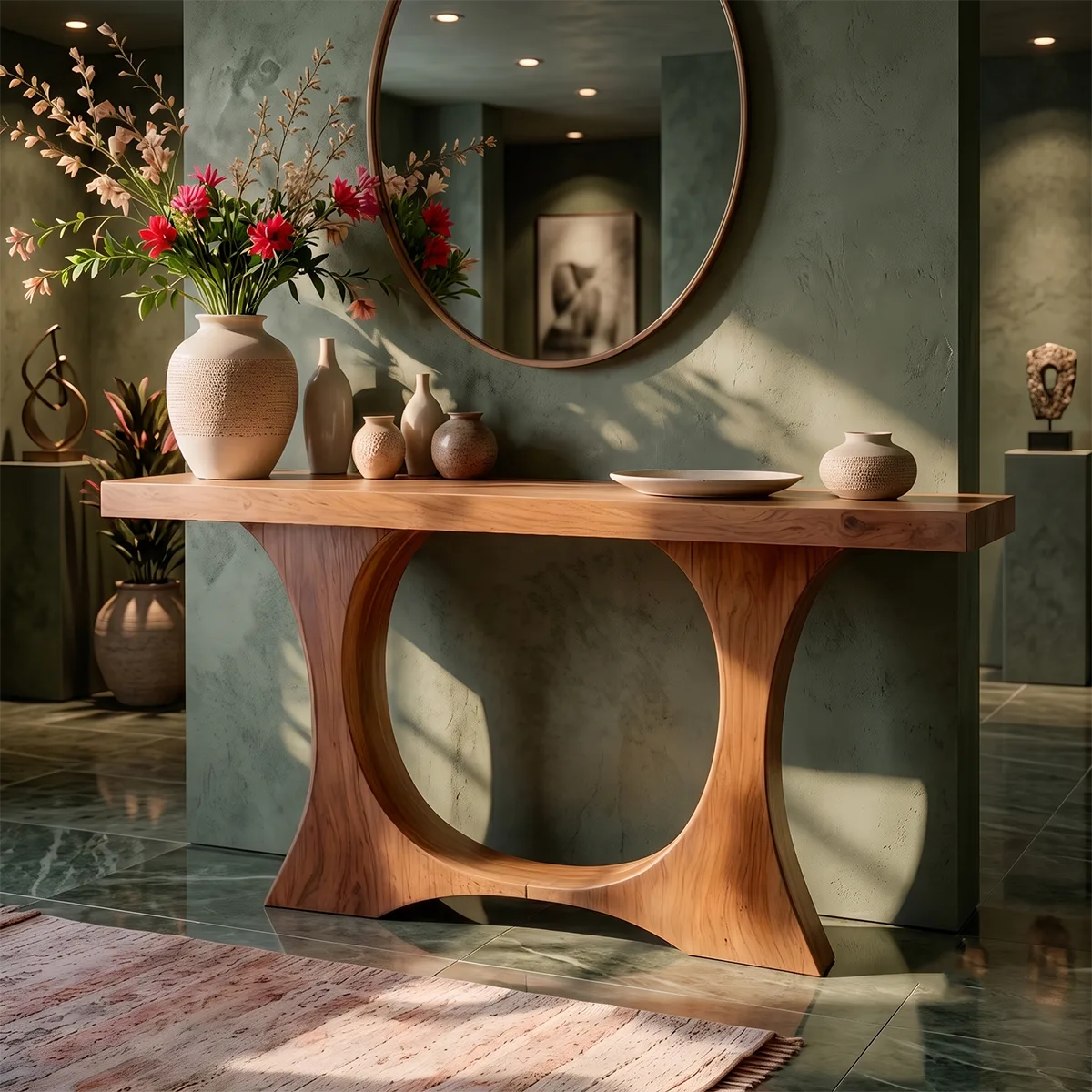 Modern Wooden Console Table with Sculptural Circular Base for Entryway & Hallway TT006-5238