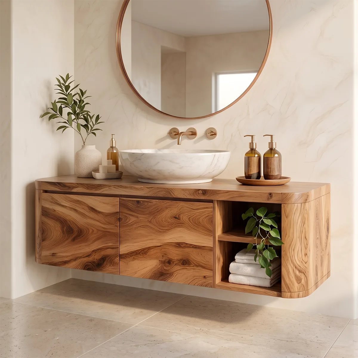 Floating Solid Wood Bathroom Vanity | Wall Mounted Single Sink Vanity with 2 Hinged Cabinets & Open Shelf TT006-6DFI9SI