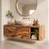 Floating Solid Wood Bathroom Vanity | Wall Mounted Single Sink Vanity with 2 Hinged Cabinets & Open Shelf TT006-6DFI9SI
