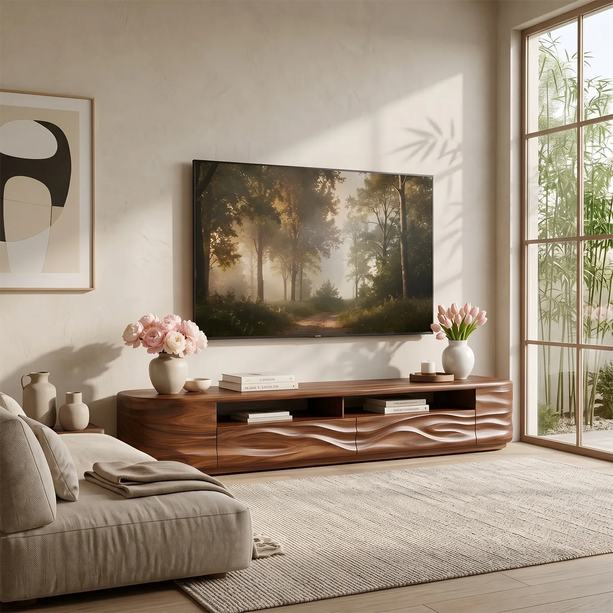 Modern TV Stand with Open Display Shelf & Wave Front Drawers TT006-6OLZ4XW
