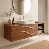 Floating Bathroom Vanity with 2 Doors | Carved Wave Front & Open Storage Shelves
