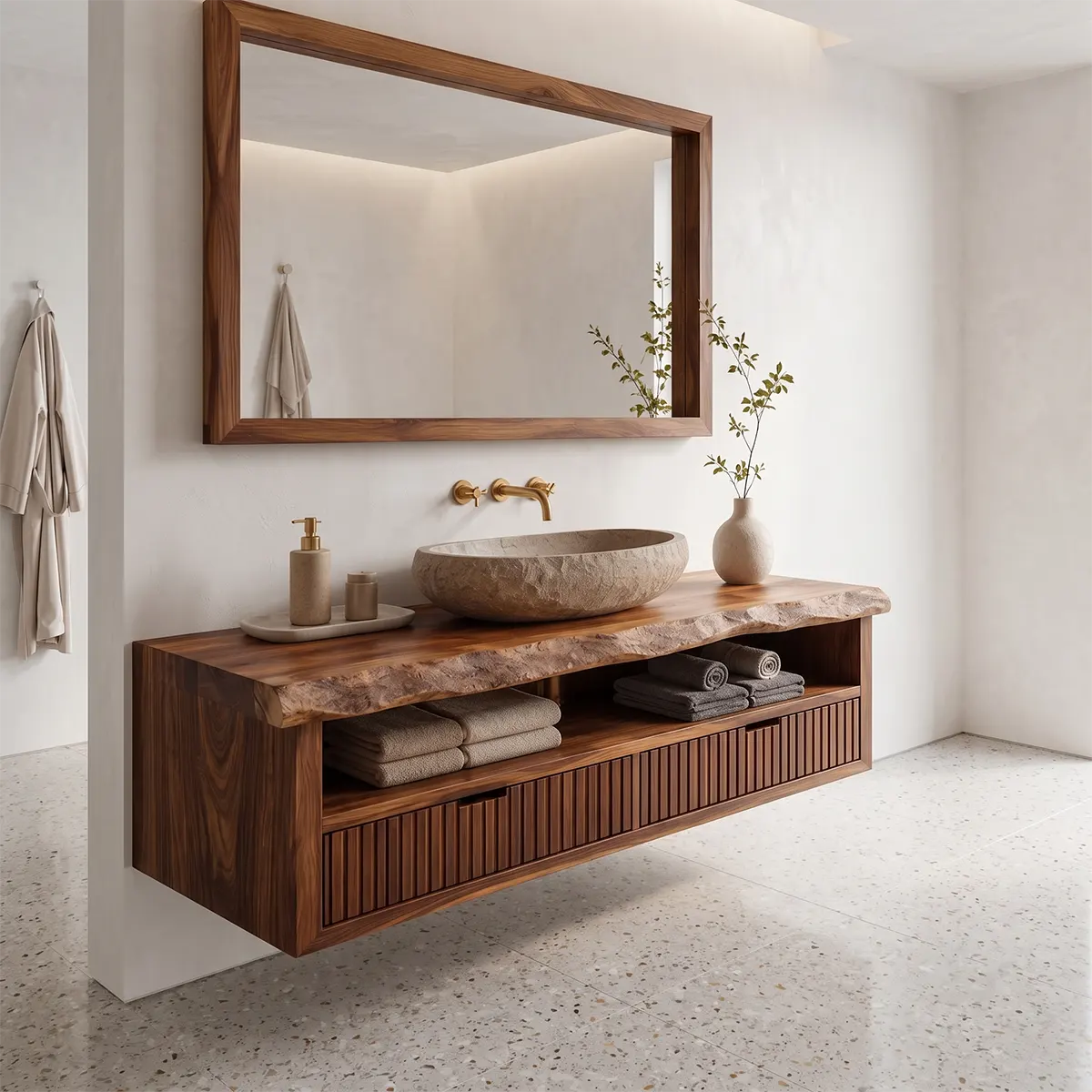 Floating Solid Wood Bathroom Vanity | Live Edge Bathroom Vanity with Fluted Drawers and Open Shelf TT006-8ZMT8QZ
