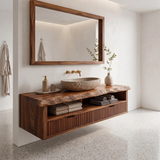 Floating Solid Wood Bathroom Vanity | Live Edge Bathroom Vanity with Fluted Drawers and Open Shelf TT006-8ZMT8QZ