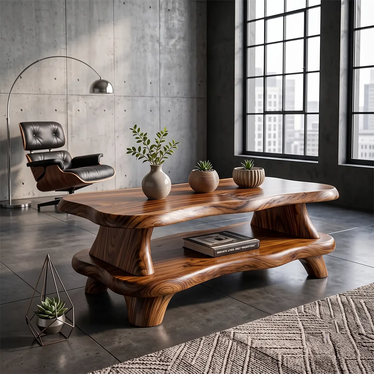 Organic Solid Wood Coffee Table with Storage Shelf | Modern Live Edge Center Table TT006-8710
