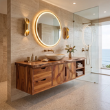 Floating Solid Wood Bathroom Vanity | Modern Bathroom Vanity with Drawers, Cabinet and Open Shelf TT006-6VOS2CB