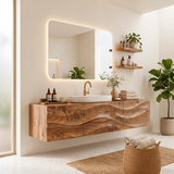 Floating Bathroom Vanity with 3 Doors | Sculpted Wave Front & Handleless Modern Design