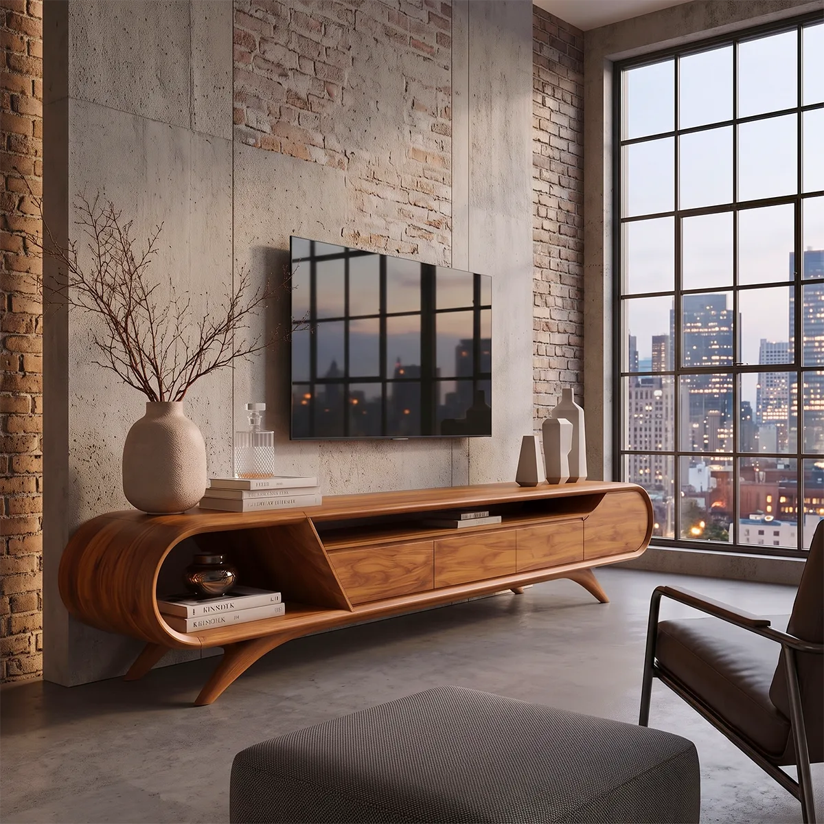 Modern Curved TV Stand with 3 Drawers & Open Storage Areas | Sculptural Media Console