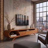 Modern Curved TV Stand with 3 Drawers & Open Storage Areas | Sculptural Media Console