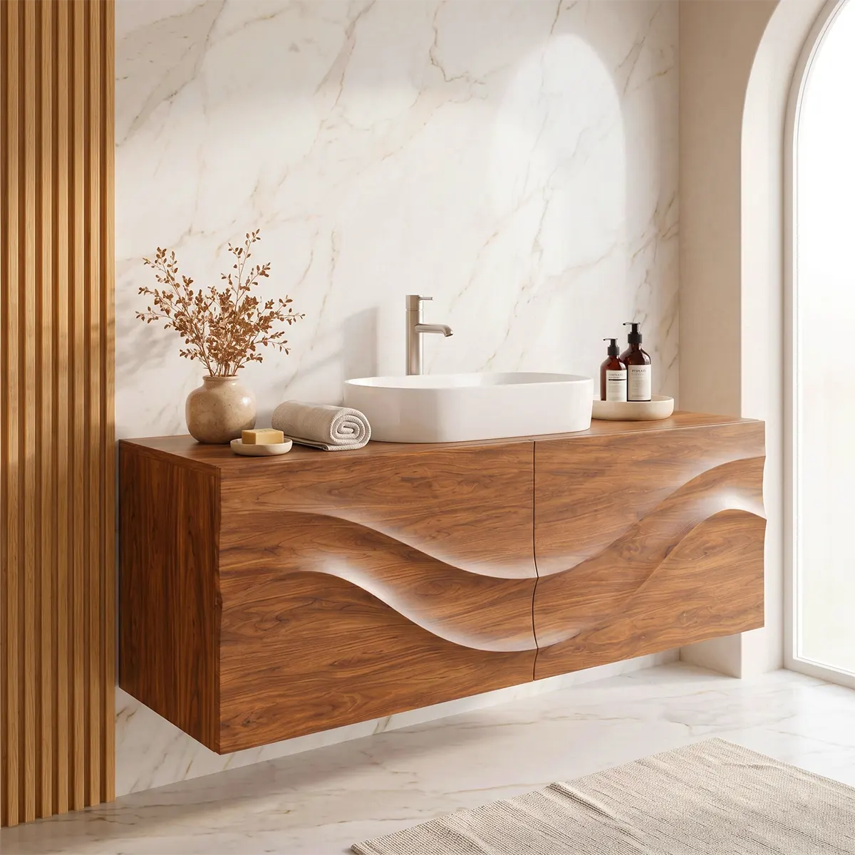 Floating Bathroom Vanity with 2 Doors | Sculpted Wave Front Wall Mounted Vanity Cabinet