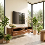 Floating TV Stand with Open Shelving & Three Drawers | Organic Modern TV Console TT006-5STK9KO