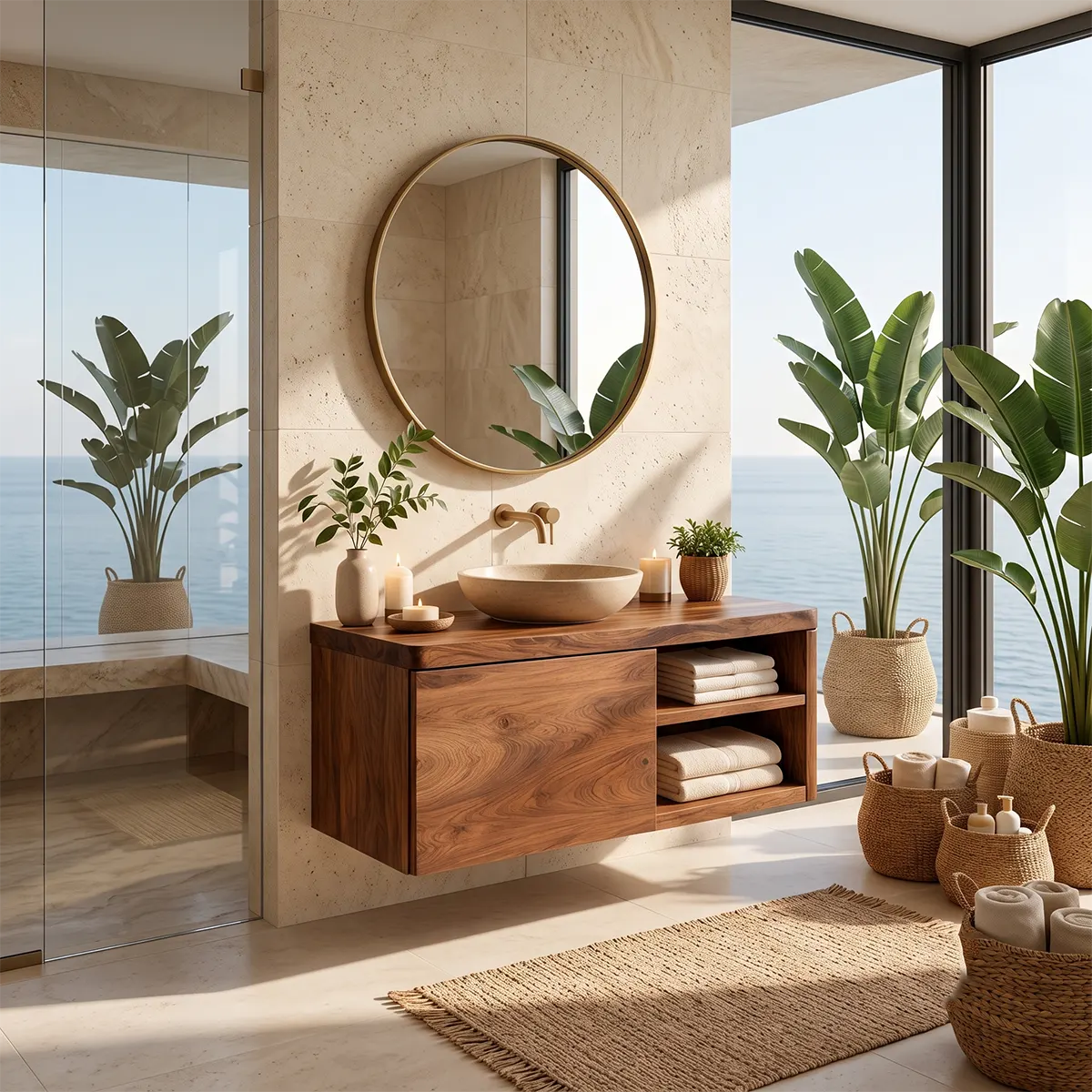 Floating Solid Wood Bathroom Vanity with Single-Door Cabinet & Open Shelves | Wall Mounted Bathroom Vanity with Fixed Storage TT006-5WWS2ST