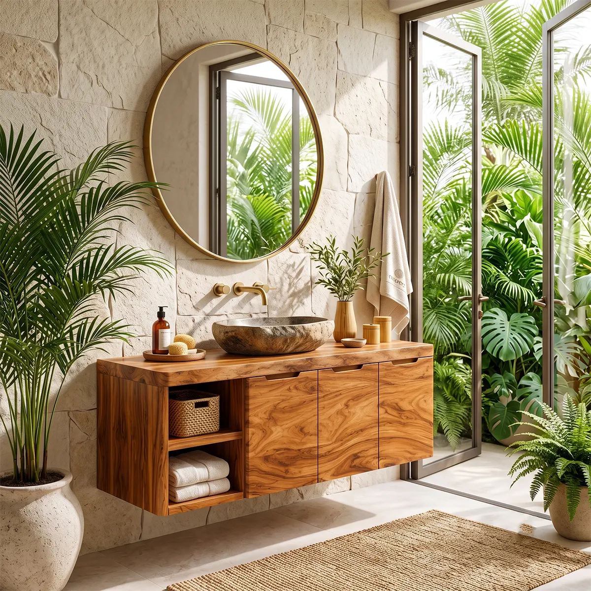 Floating Solid Wood Bathroom Vanity with Open Shelves & Hinged Cabinets | Wall Mounted Bathroom Vanity with Double-Door Storage TT006-4CCT8FL