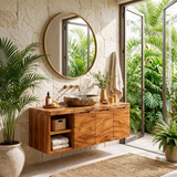 Floating Solid Wood Bathroom Vanity with Open Shelves & Hinged Cabinets | Wall Mounted Bathroom Vanity with Double-Door Storage TT006-4CCT8FL