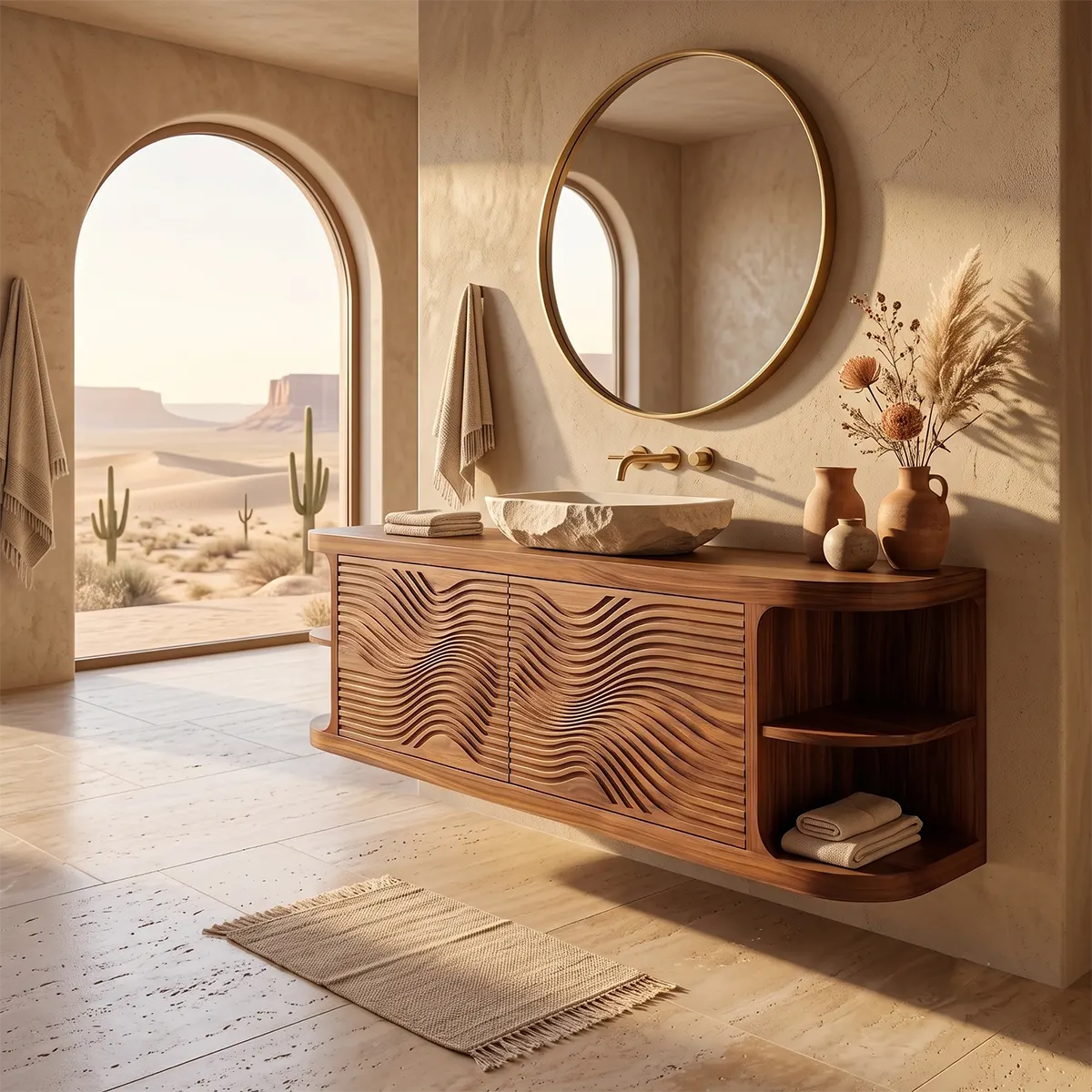 Floating Solid Wood Bathroom Vanity with Double-Door Cabinet & Open Shelves | Wall Mounted Bathroom Vanity with Wave Carved Doors TT006-3MZX2XI
