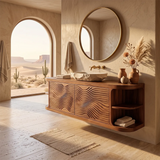 Floating Solid Wood Bathroom Vanity with Double-Door Cabinet & Open Shelves | Wall Mounted Bathroom Vanity with Wave Carved Doors TT006-3MZX2XI