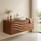 Floating Bathroom Vanity with 2 Doors | Carved Wave Front Wall Mounted Vanity Cabinet