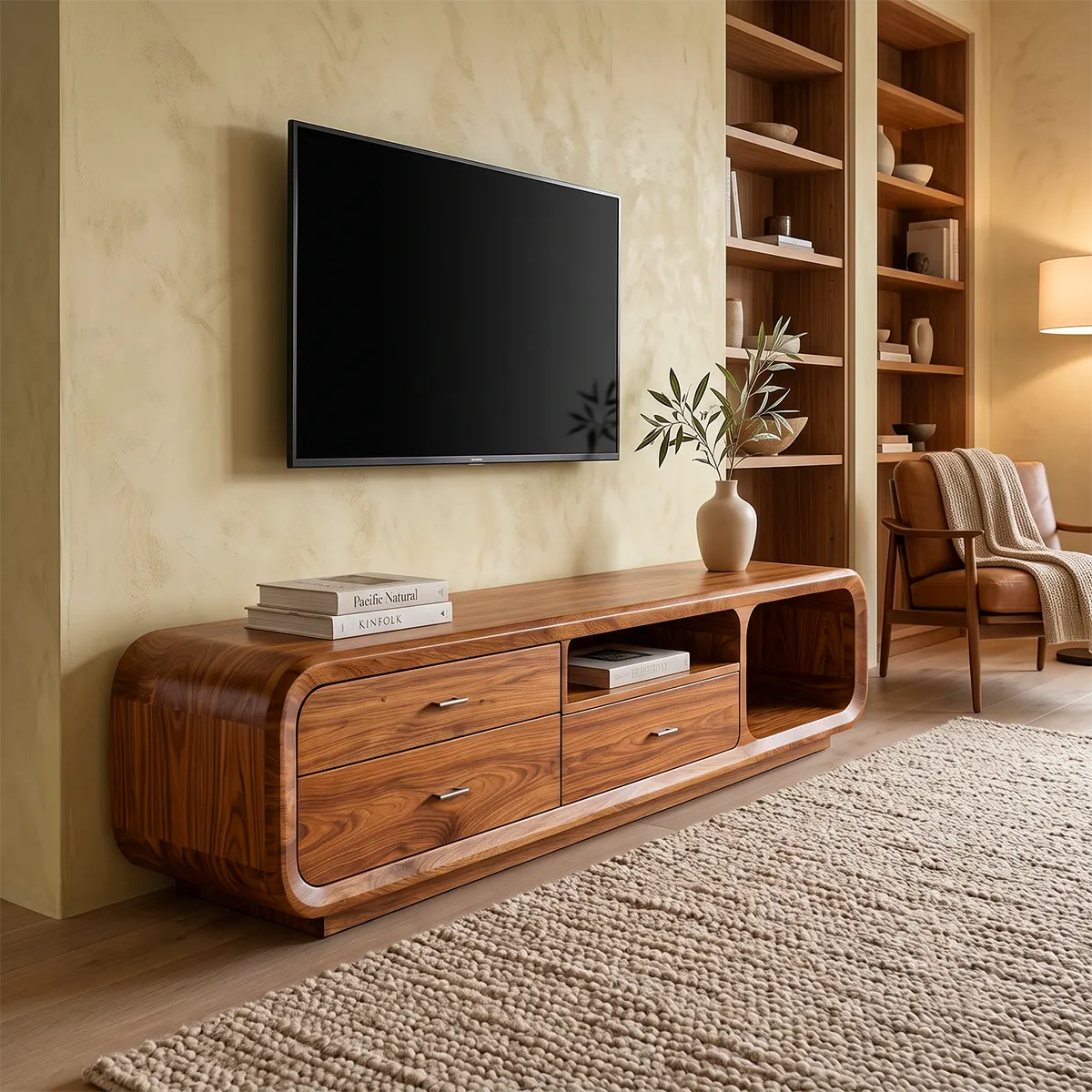 Modern Curved TV Stand with 3 Drawers & Open Media Storage | Sculptural Low Profile Entertainment Console