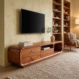 Modern Curved TV Stand with 3 Drawers & Open Media Storage | Sculptural Low Profile Entertainment Console