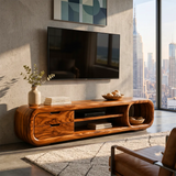 Sculptural Curved TV Stand with 2 Drawers & Open Shelves | Modern Low Profile Media Console