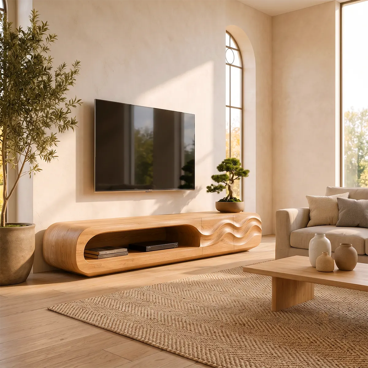 Organic Modern TV Stand with Open Shelf & Two Sculpted Storage Cabinets TT006-8YEU8CV