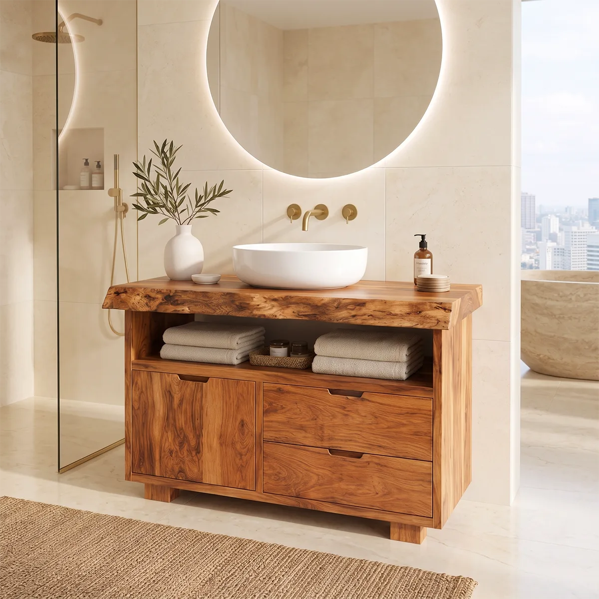 Freestanding Bathroom Vanity with Storage & Open Shelf | Live Edge Modern Design