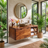 Floating Solid Wood Bathroom Vanity | Wall Mounted Single Sink Vanity with Double-Door Cabinet & Open Side Shelves TT006-8RLE6IL