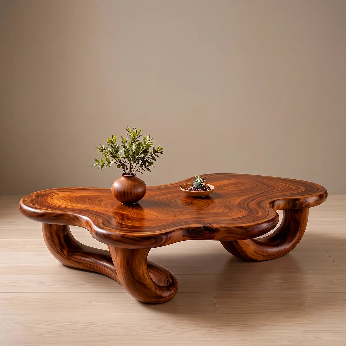 Modern Organic Solid Wood Coffee Table with Sculptural Curved Base TT006-4311