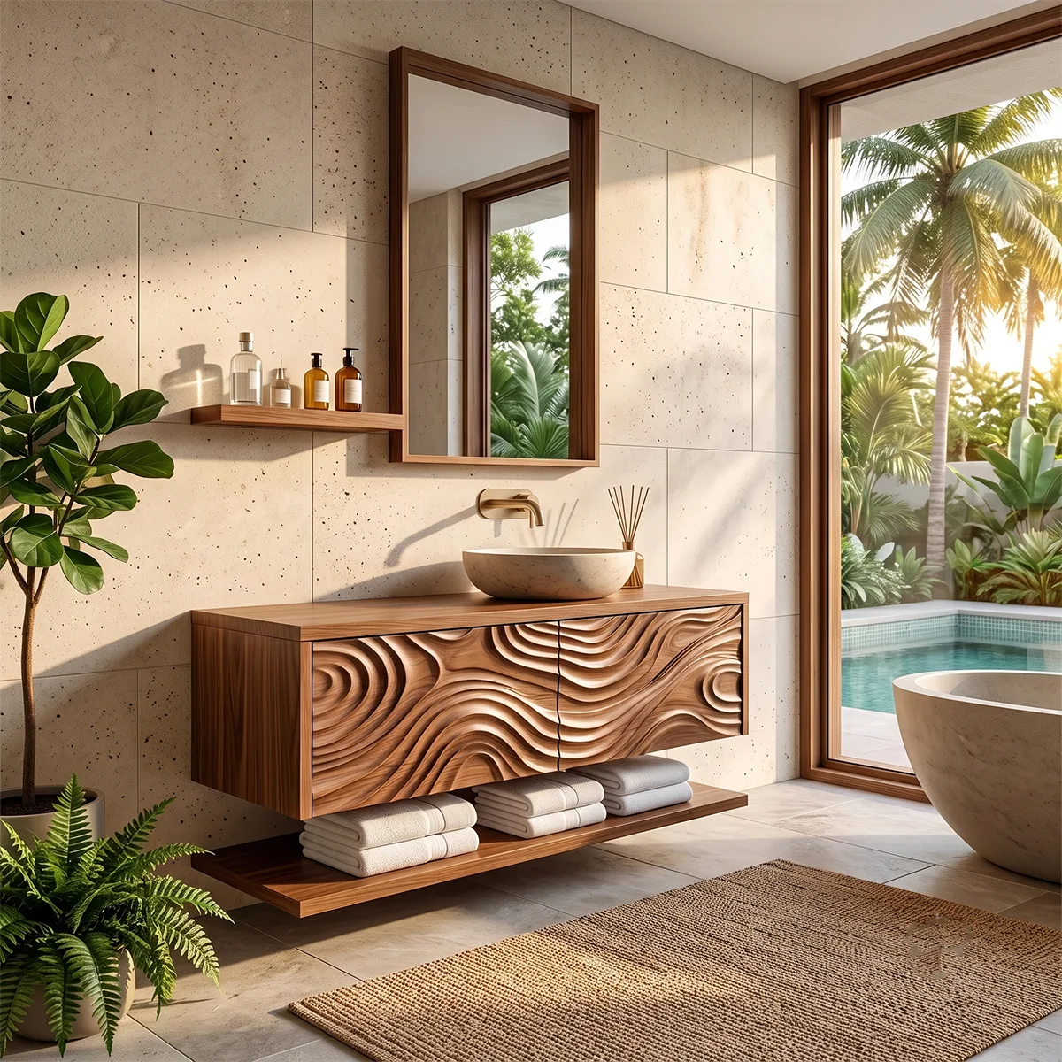Floating Bathroom Vanity with Sculpted Wave Doors & Open Shelf | Modern Solid Wood Vanity TH003-9MII5QN
