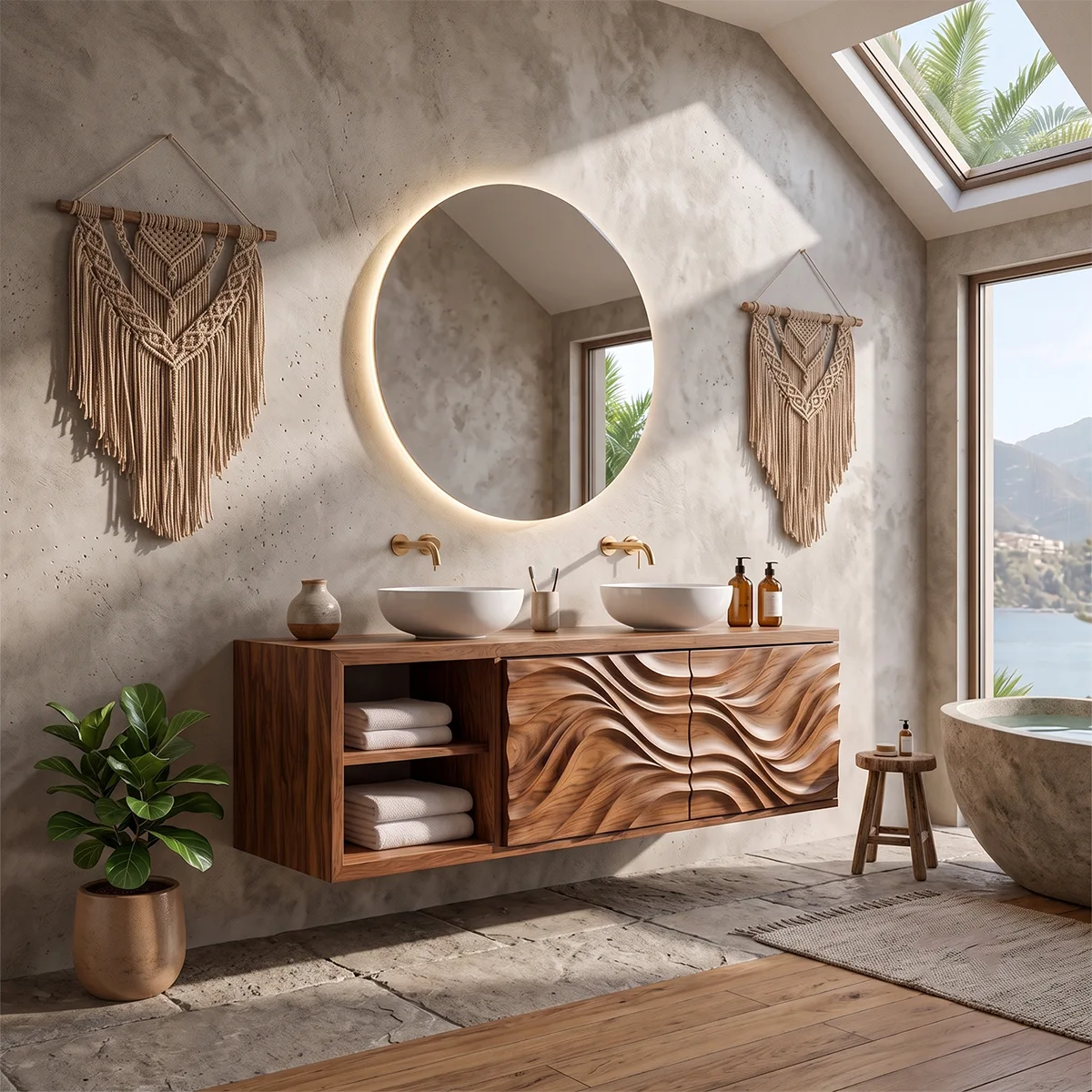 Double Sink Floating Bathroom Vanity with 2 Sculpted Doors | Modern Wall Mounted Vanity TH003-3PGW8ZW