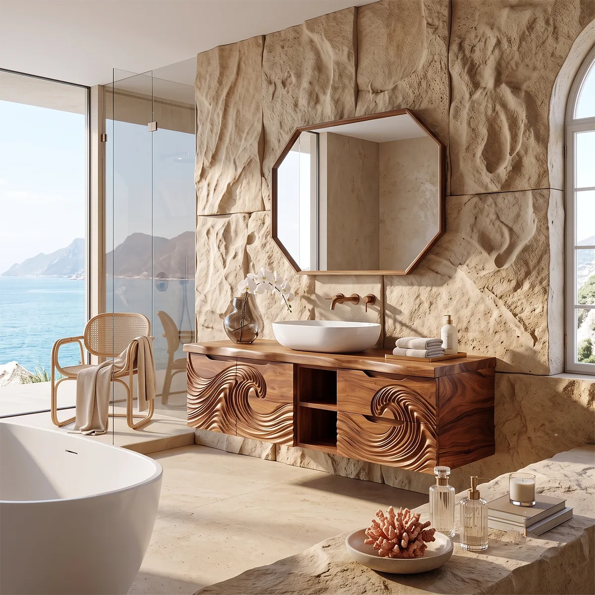 Modern Floating Bathroom Vanity with Wave Carved Cabinet, Open Shelf & Dual Drawers TH003-5MOV2YH