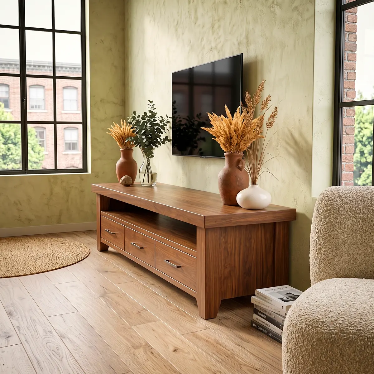 Modern TV Stand with 3 Drawers & Open Shelf | Long Low Profile Media Console