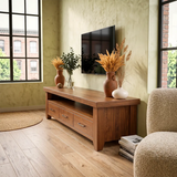 Modern TV Stand with 3 Drawers & Open Shelf | Long Low Profile Media Console