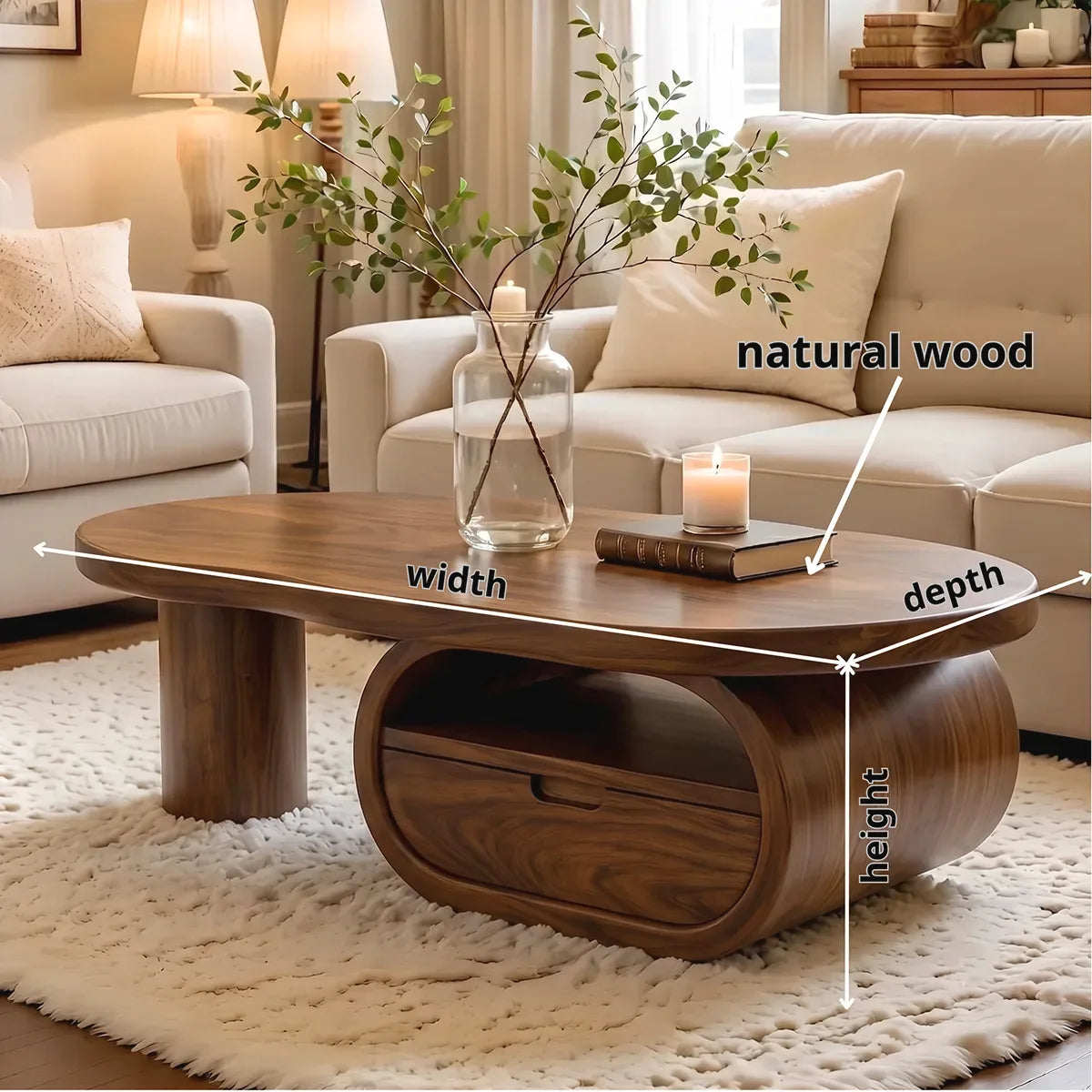 Organic Wood Coffee Table with Drawer and Open Shelf | Sculptural Oval Living Room Center Table