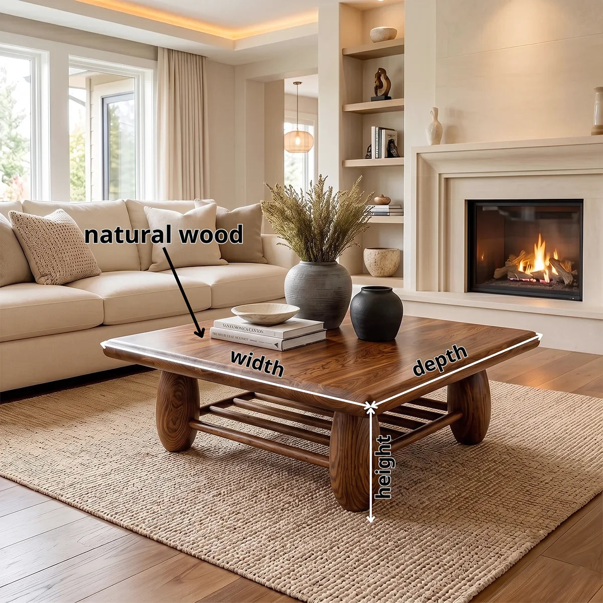 Rounded Rectangle Coffee Table with Slatted Storage Shelf | Modern Organic Center Table