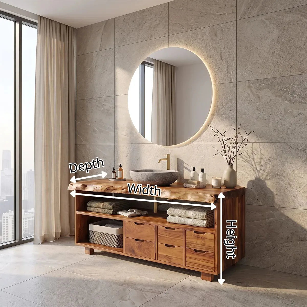 Live Edge Bathroom Vanity with Open Shelving & Multi-Drawer Storage TH003-9EZH8IM