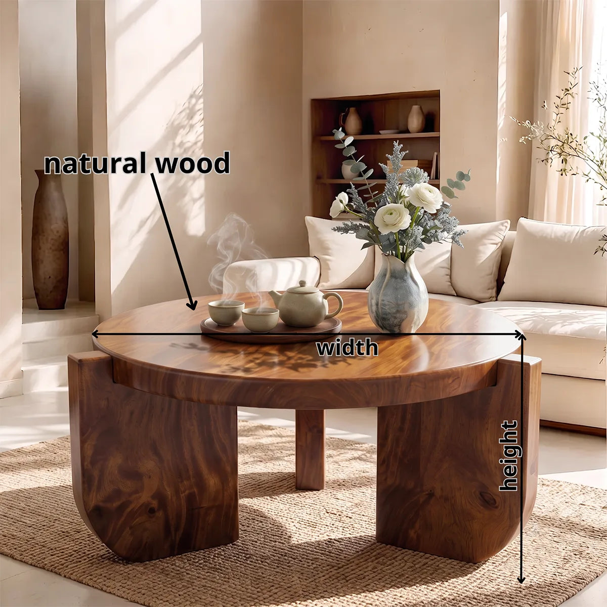 Modern Round Coffee Table with 3 Sculptural Panel Legs | Organic Contemporary Living Room Table