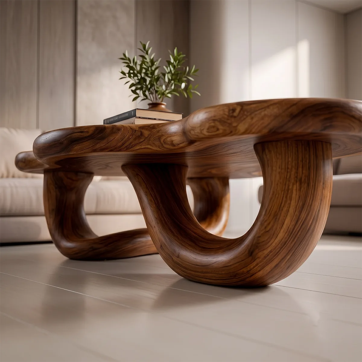 Modern Organic Solid Wood Coffee Table with Sculptural Curved Base TT006-4311