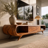 Sculptural Curved TV Stand with Open Shelves & Concealed Storage | Modern Low Profile Media Console