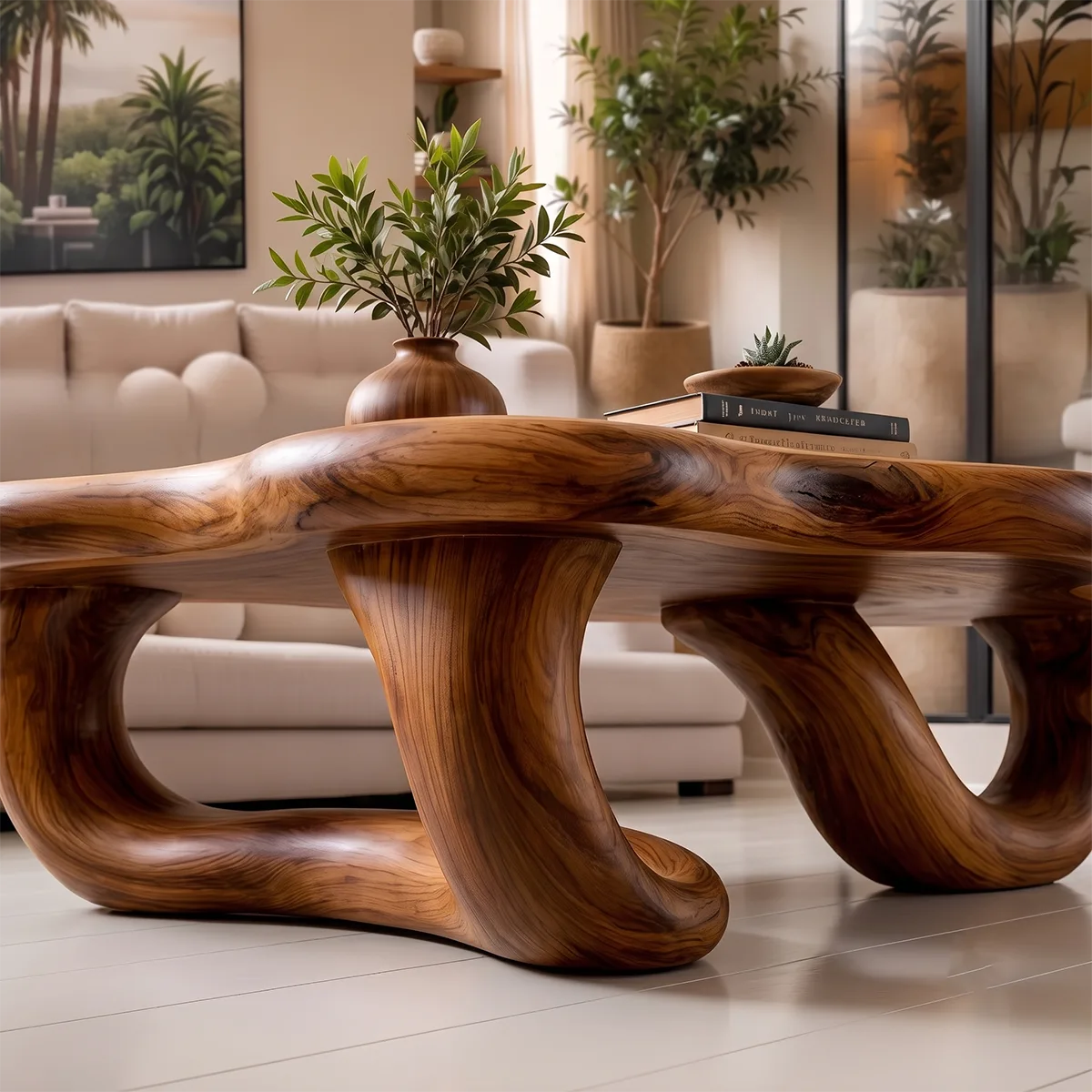 Modern Organic Solid Wood Coffee Table with Sculptural Curved Base TT006-4311