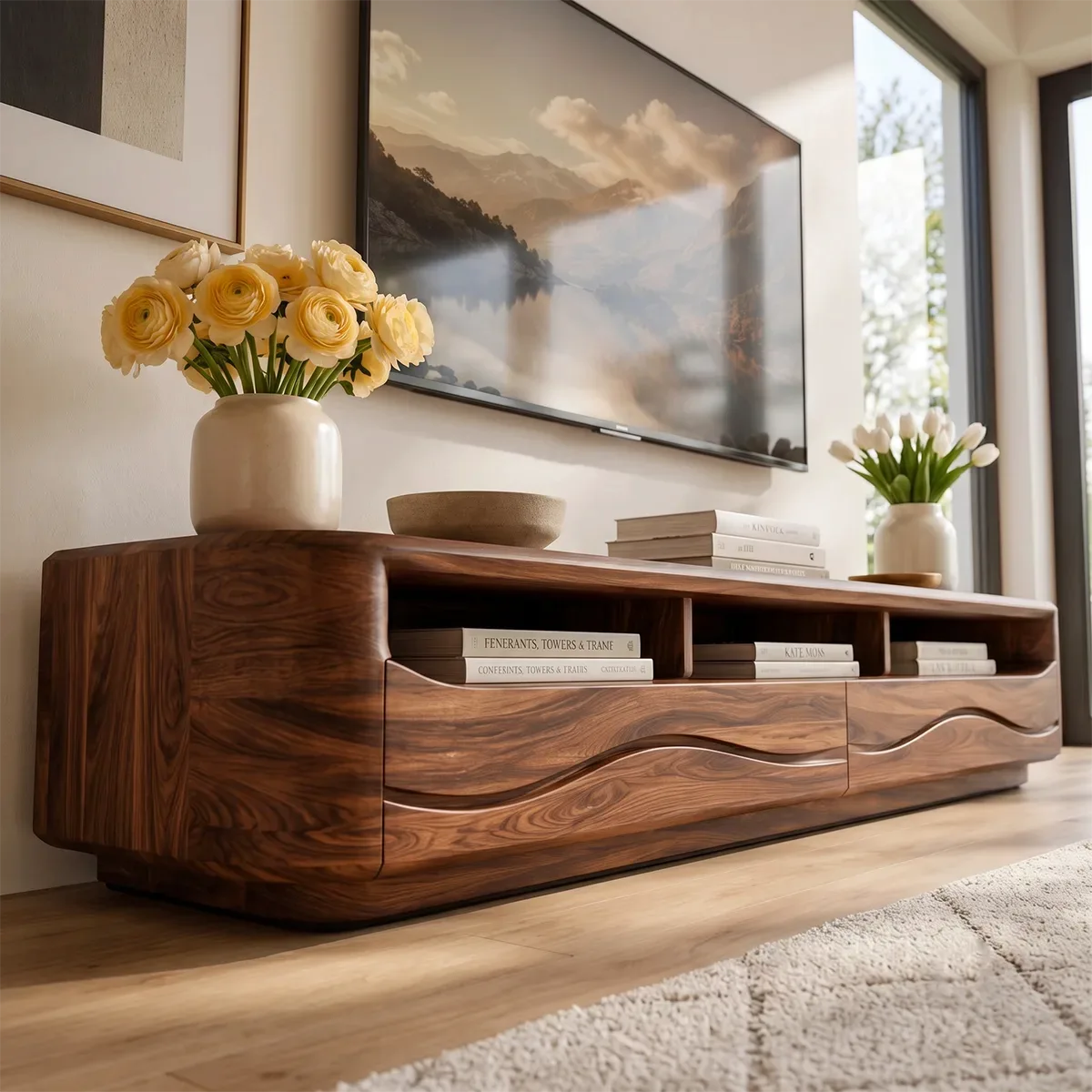 Organic Modern TV Stand with Open Shelves & 2 Drawers | Modern Media Console TT006-6HLG3MY