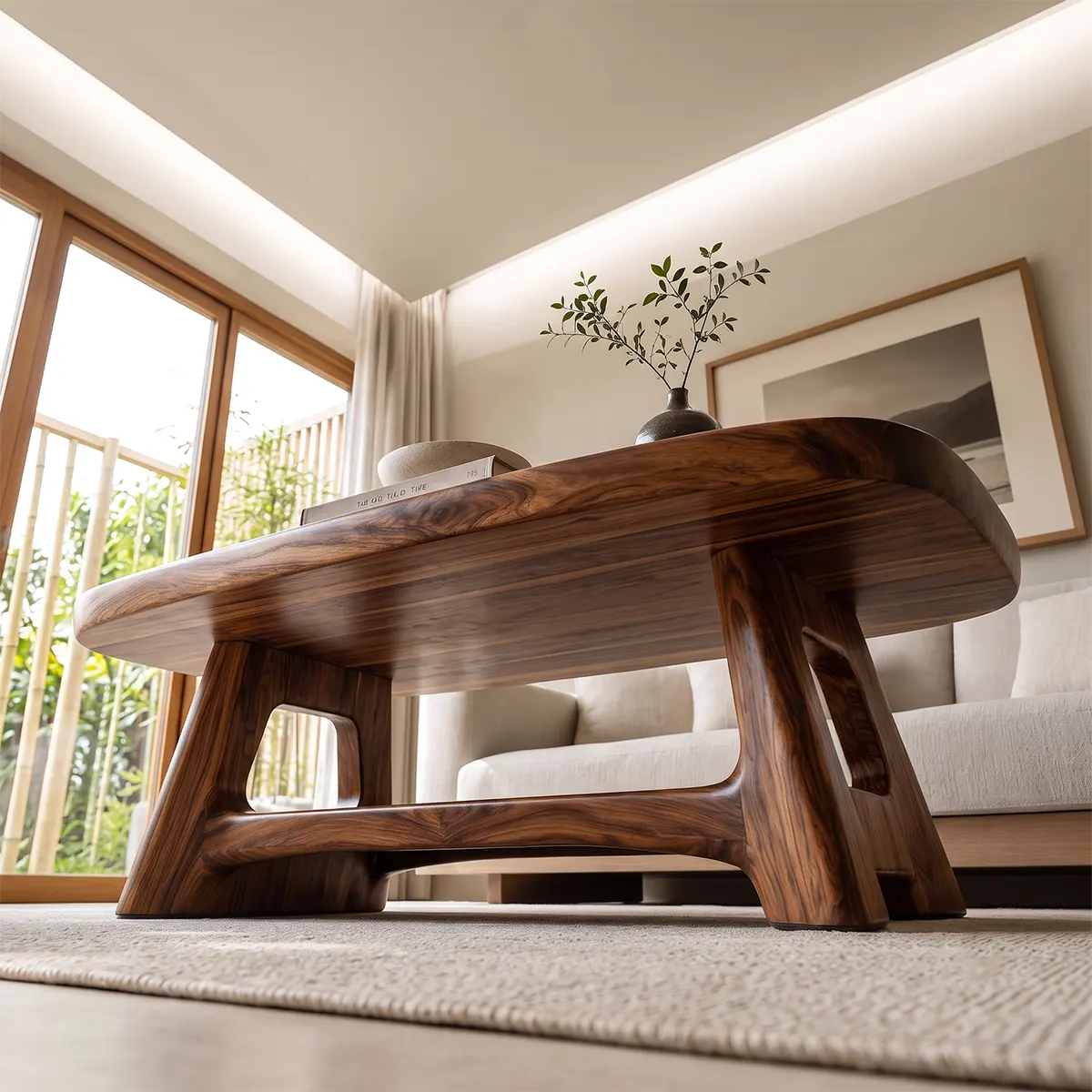 Solid Wood Coffee Table with Storage Shelf | Modern Organic Living Room Table TT006-5345