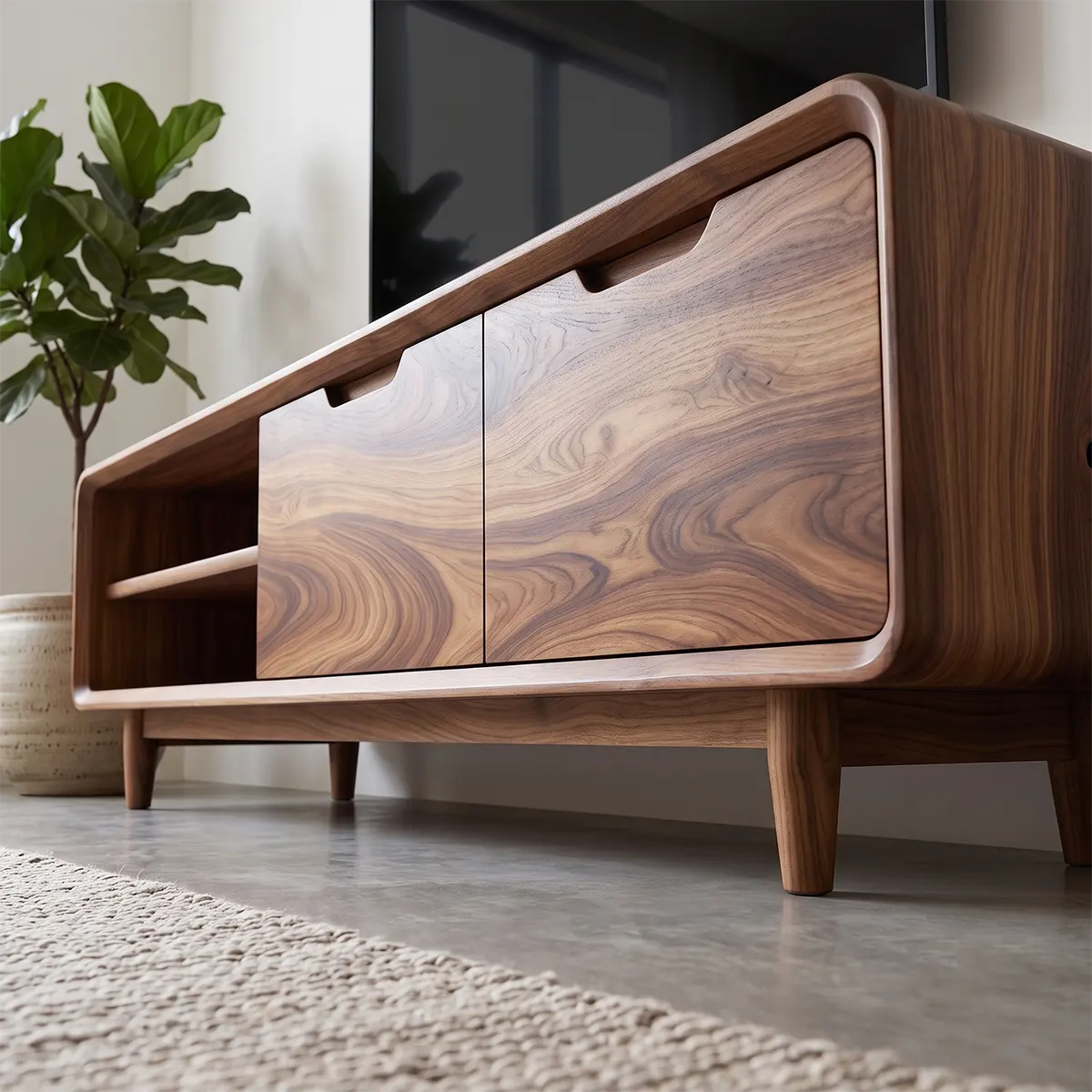 Organic Modern TV Stand with Open Shelving & Hidden Storage Cabinets TT006-4EGA5YH
