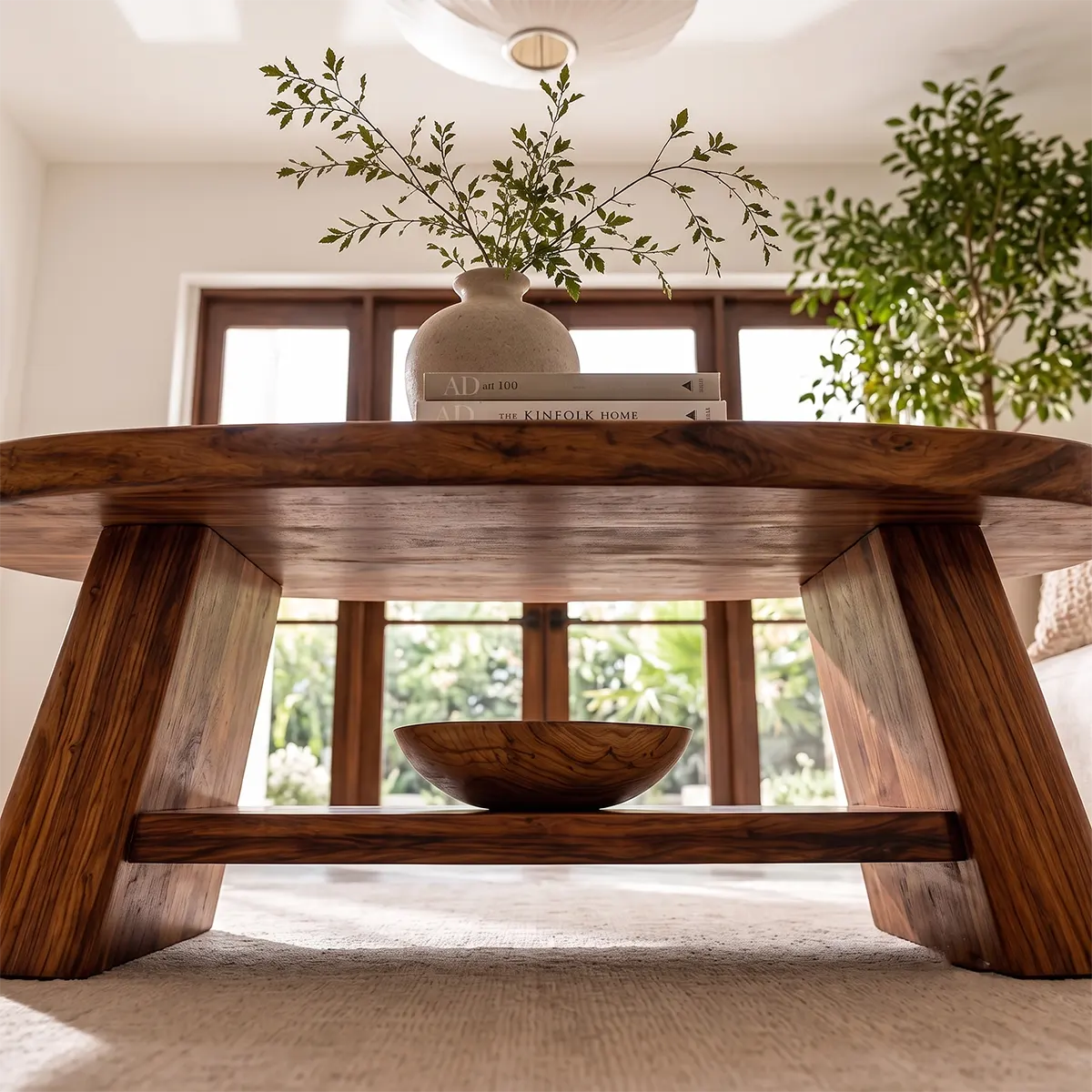 Solid Wood Oval Coffee Table with Storage Shelf | Modern Organic Living Room Table TT006-8795